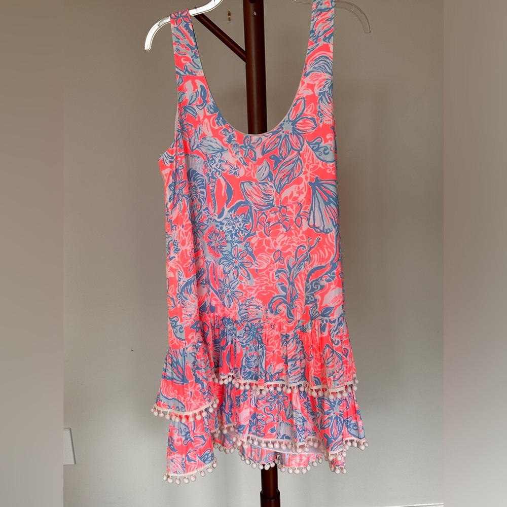 Lily Pulitzer Scoop Neck Dress- hot pink and white with Pom Poms